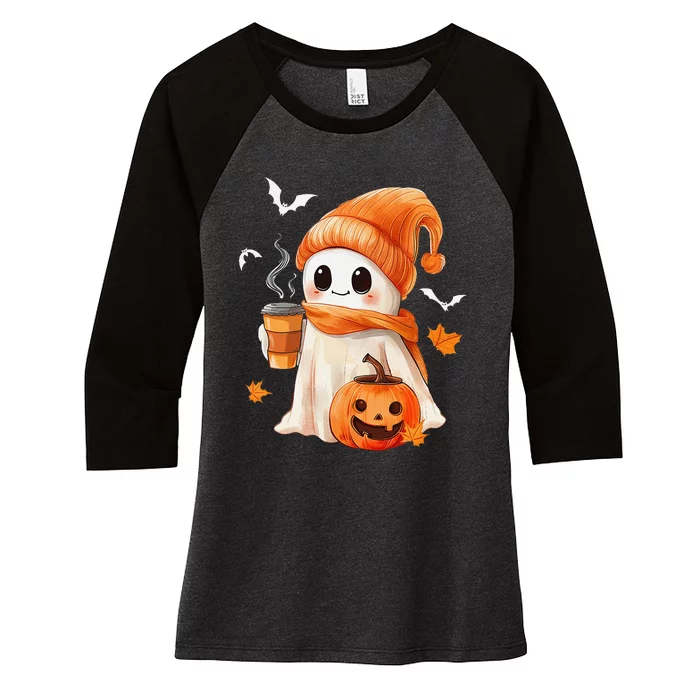 Cute Ghost Drinking Coffee Halloween Ghost Ice Coffee Women's Tri-Blend 3/4-Sleeve Raglan Shirt