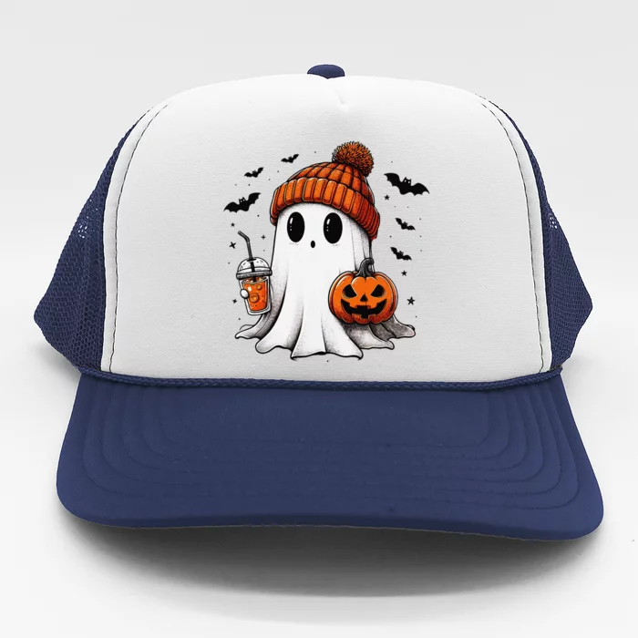 Cute Ghost Drinking Coffee Halloween Ghost Ice Coffee Trucker Hat