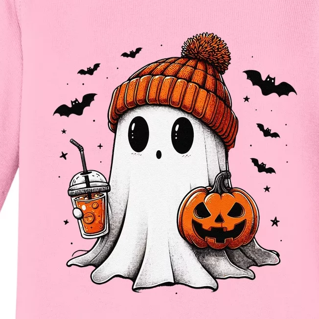 Cute Ghost Drinking Coffee Halloween Ghost Ice Coffee Baby Long Sleeve Bodysuit