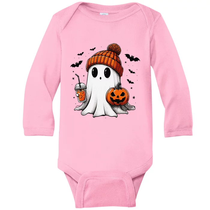 Cute Ghost Drinking Coffee Halloween Ghost Ice Coffee Baby Long Sleeve Bodysuit