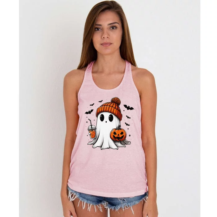 Cute Ghost Drinking Coffee Halloween Ghost Ice Coffee Women's Knotted Racerback Tank