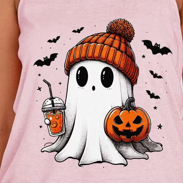 Cute Ghost Drinking Coffee Halloween Ghost Ice Coffee Women's Knotted Racerback Tank