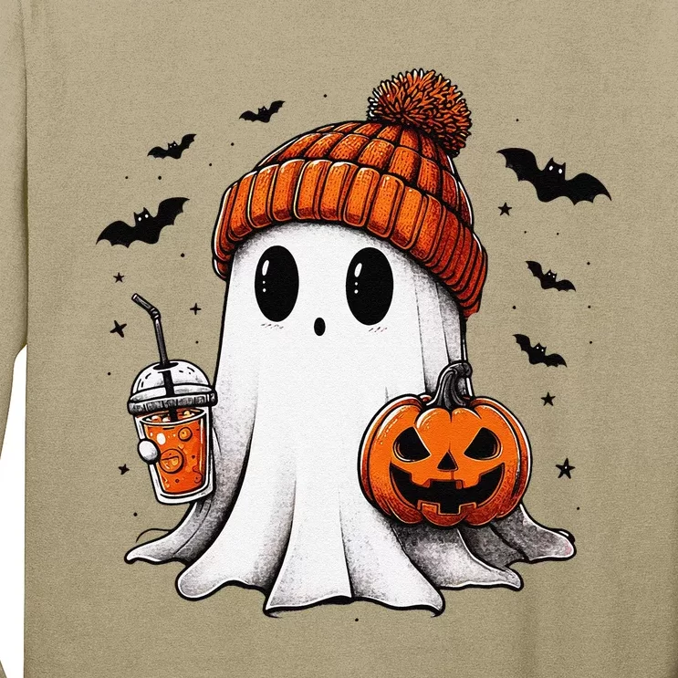 Cute Ghost Drinking Coffee Halloween Ghost Ice Coffee Long Sleeve Shirt