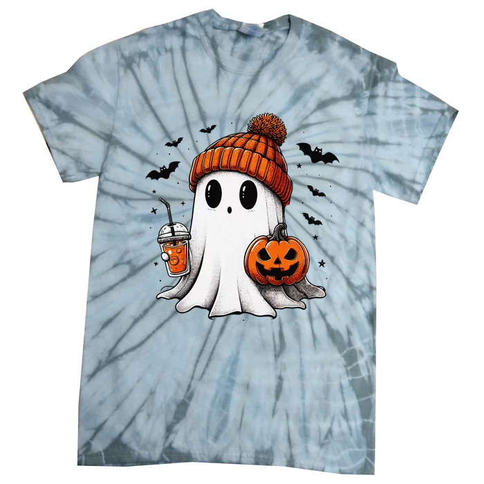 Cute Ghost Drinking Coffee Halloween Ghost Ice Coffee Tie-Dye T-Shirt