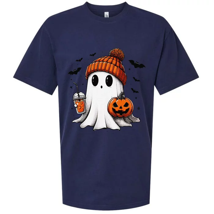 Cute Ghost Drinking Coffee Halloween Ghost Ice Coffee Sueded Cloud Jersey T-Shirt