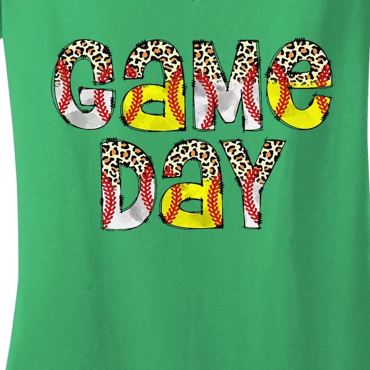 Cute Game Day Leopard Baseball Softball Mom Life Mom Of Both Women's V-Neck T-Shirt