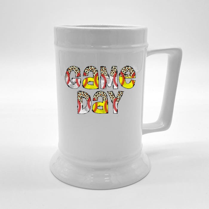 Cute Game Day Leopard Baseball Softball Mom Life Mom Of Both Front & Back Beer Stein