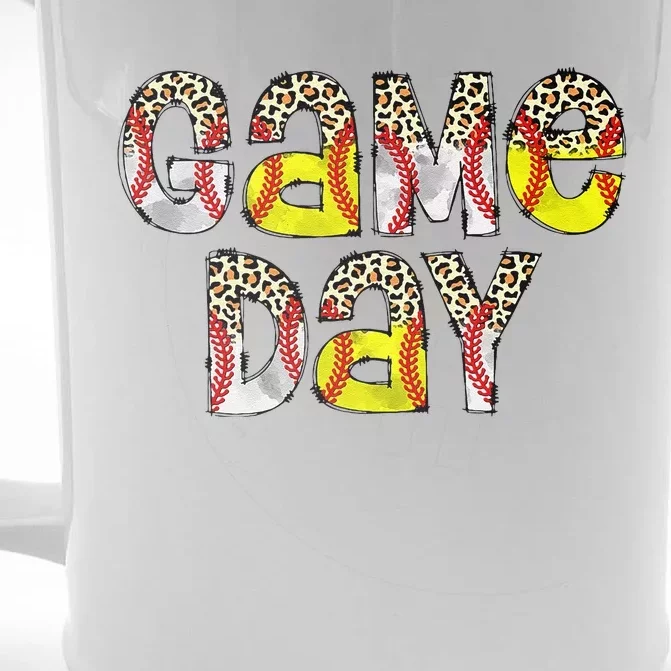 Cute Game Day Leopard Baseball Softball Mom Life Mom Of Both Front & Back Beer Stein