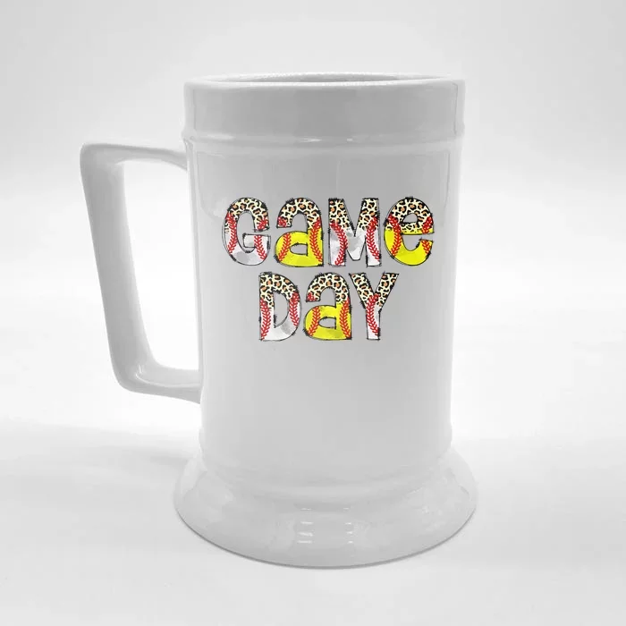 Cute Game Day Leopard Baseball Softball Mom Life Mom Of Both Front & Back Beer Stein