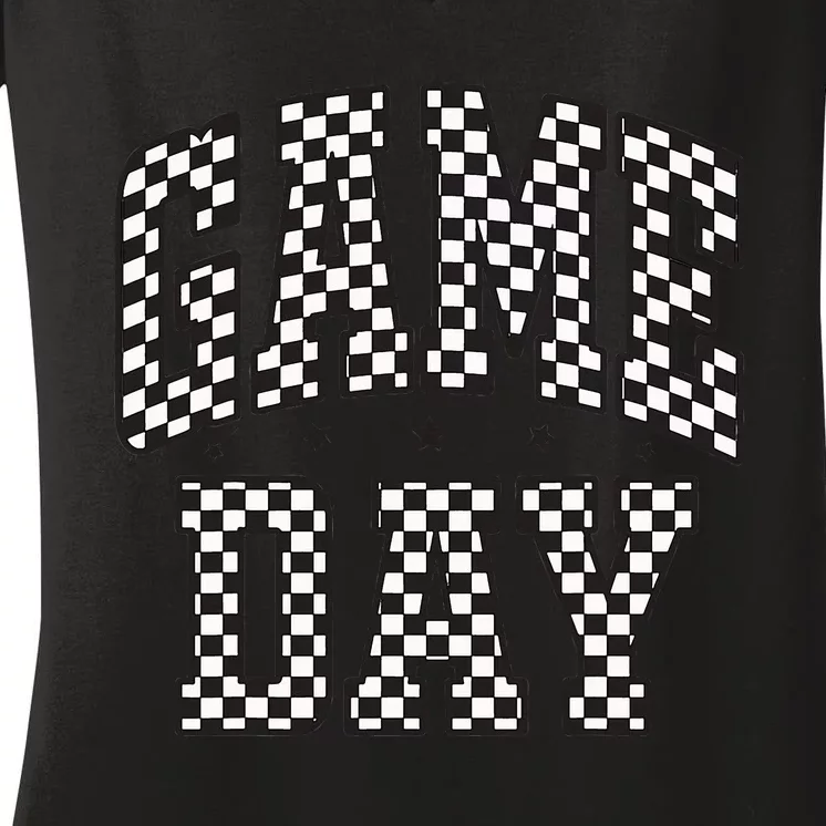 Checkered Game Day Football Black White Gift Women's V-Neck T-Shirt