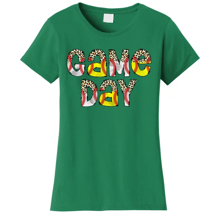 Cute Game Day Leopard Baseball Softball Mom Life Mom Of Both Women's T-Shirt