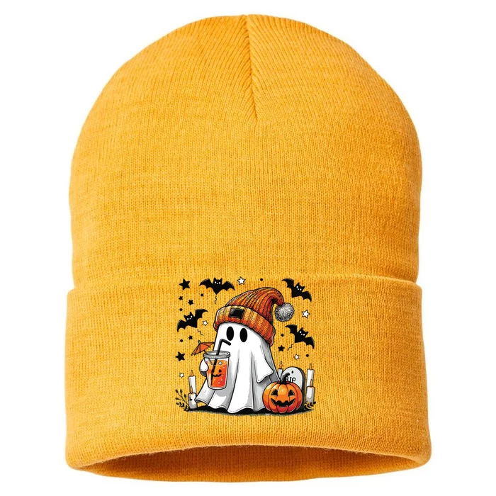 Cute Ghost Drinking Coffee Halloween Ghost Coffee Women Sustainable Knit Beanie