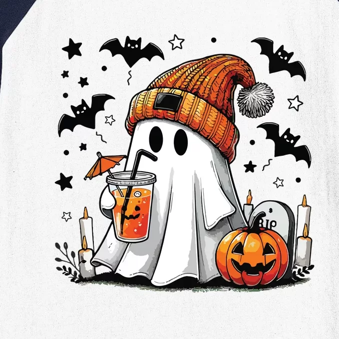 Cute Ghost Drinking Coffee Halloween Ghost Coffee Women Baseball Sleeve Shirt