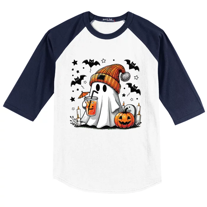 Cute Ghost Drinking Coffee Halloween Ghost Coffee Women Baseball Sleeve Shirt