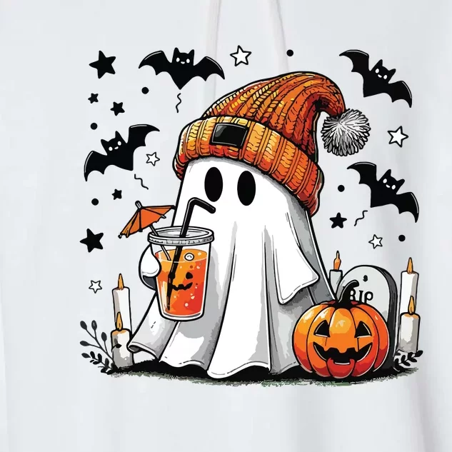 Cute Ghost Drinking Coffee Halloween Ghost Coffee Women Garment-Dyed Fleece Hoodie