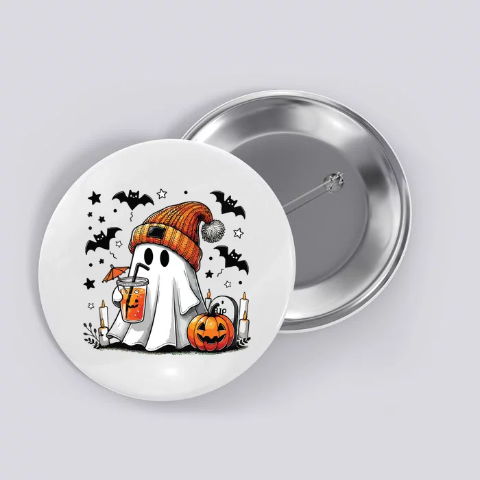 Cute Ghost Drinking Coffee Halloween Ghost Coffee Women Button