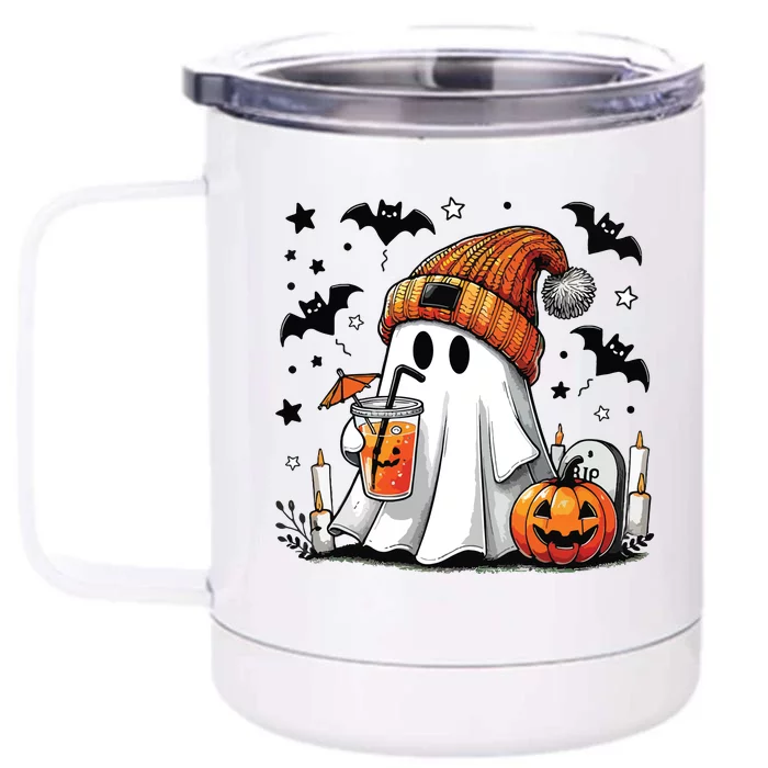 Cute Ghost Drinking Coffee Halloween Ghost Coffee Women Front & Back 12oz Stainless Steel Tumbler Cup