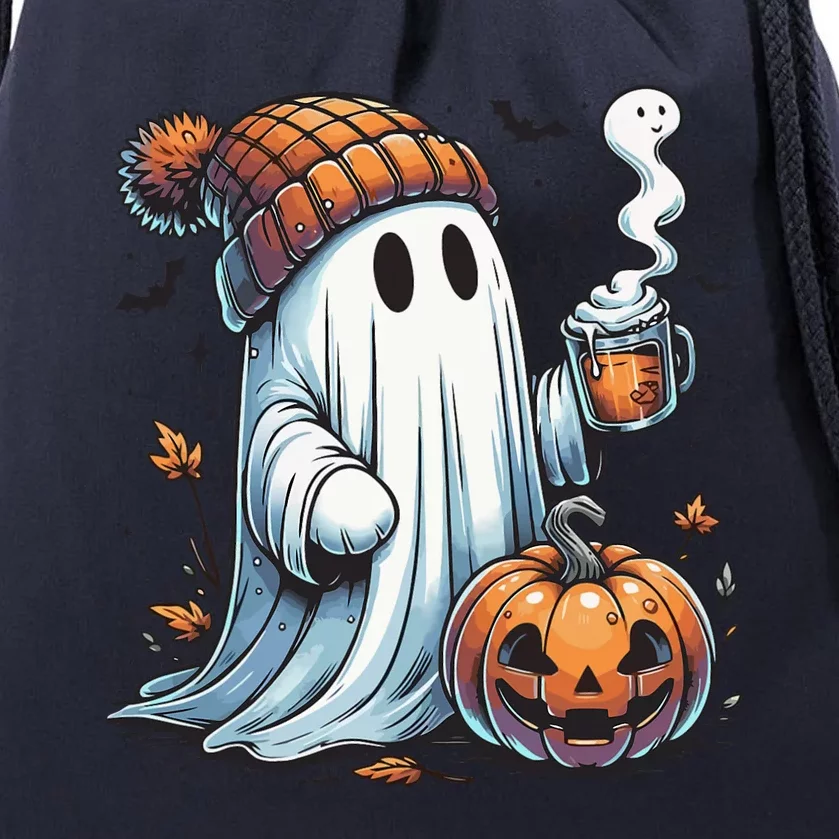 Cute Ghost Drinking Coffee Halloween Ghost Coffee Women Drawstring Bag