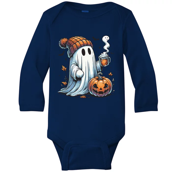 Cute Ghost Drinking Coffee Halloween Ghost Coffee Women Baby Long Sleeve Bodysuit