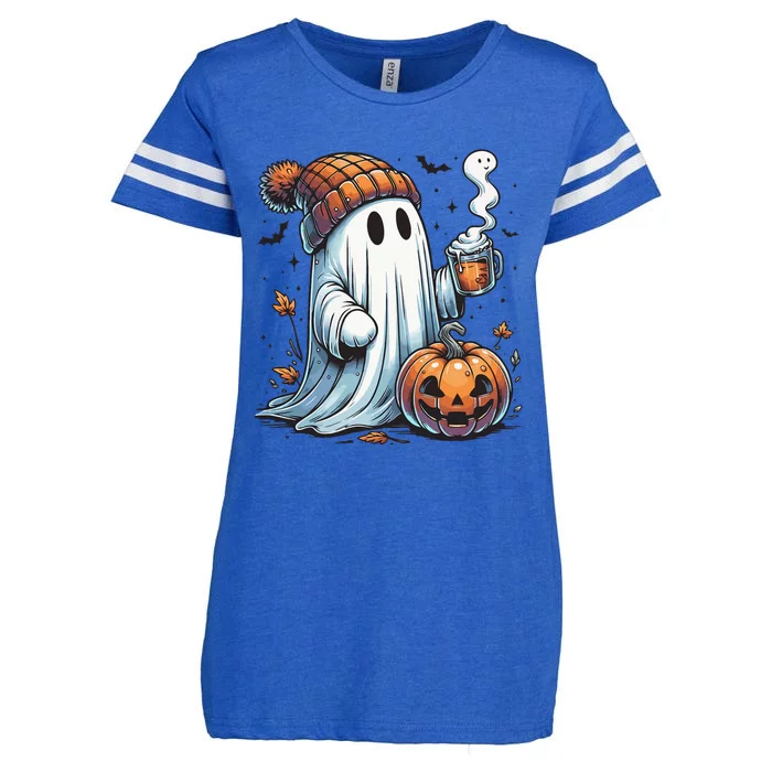 Cute Ghost Drinking Coffee Halloween Ghost Coffee Women Enza Ladies Jersey Football T-Shirt