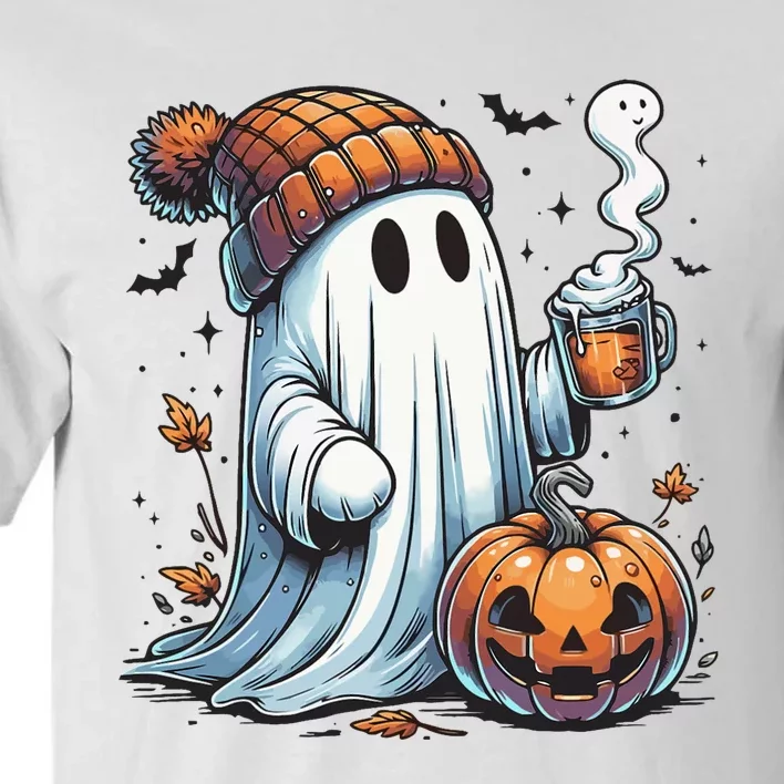 Cute Ghost Drinking Coffee Halloween Ghost Coffee Women Tall T-Shirt