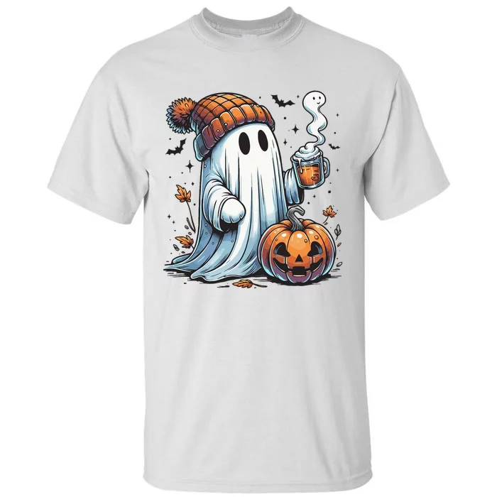 Cute Ghost Drinking Coffee Halloween Ghost Coffee Women Tall T-Shirt