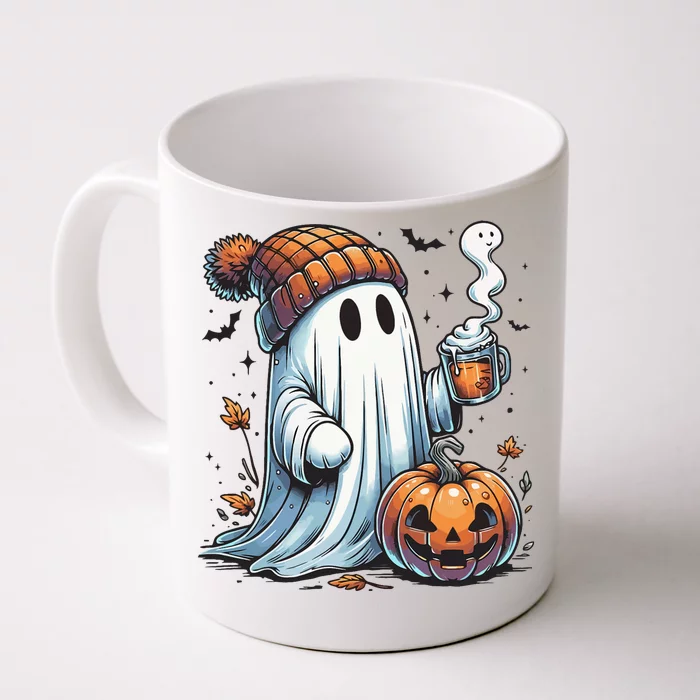 Cute Ghost Drinking Coffee Halloween Ghost Coffee Women Front & Back Coffee Mug