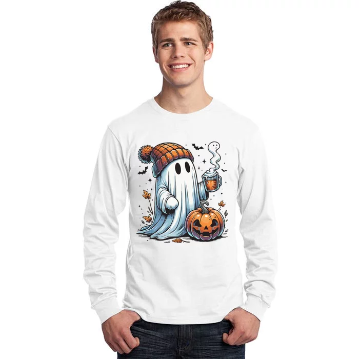 Cute Ghost Drinking Coffee Halloween Ghost Coffee Women Tall Long Sleeve T-Shirt