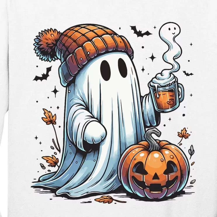 Cute Ghost Drinking Coffee Halloween Ghost Coffee Women Tall Long Sleeve T-Shirt