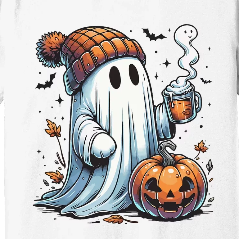 Cute Ghost Drinking Coffee Halloween Ghost Coffee Women Premium T-Shirt