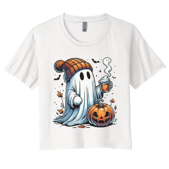 Cute Ghost Drinking Coffee Halloween Ghost Coffee Women Women's Crop Top Tee