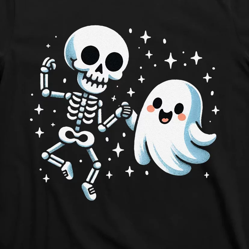 Cute Ghost Dancing With Skeleton Funny Halloween T-Shirt