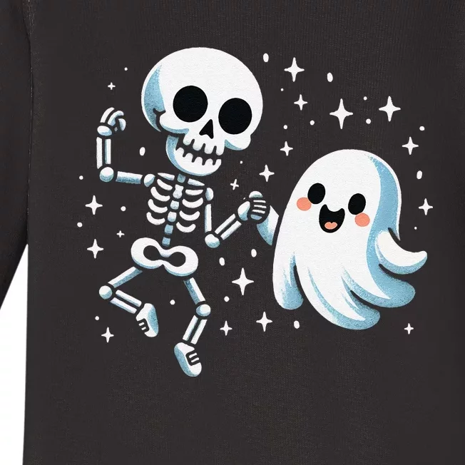 Cute Ghost Dancing With Skeleton Funny Halloween Baby Long Sleeve Bodysuit