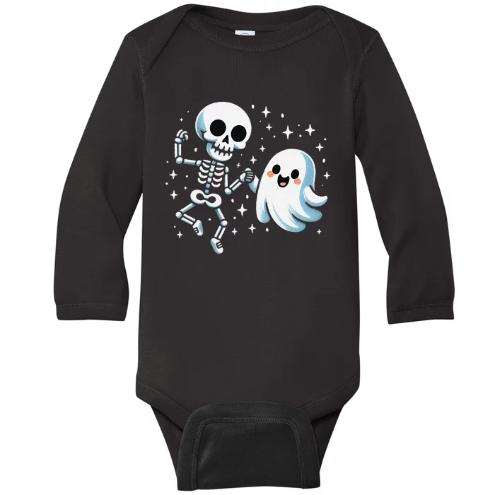 Cute Ghost Dancing With Skeleton Funny Halloween Baby Long Sleeve Bodysuit