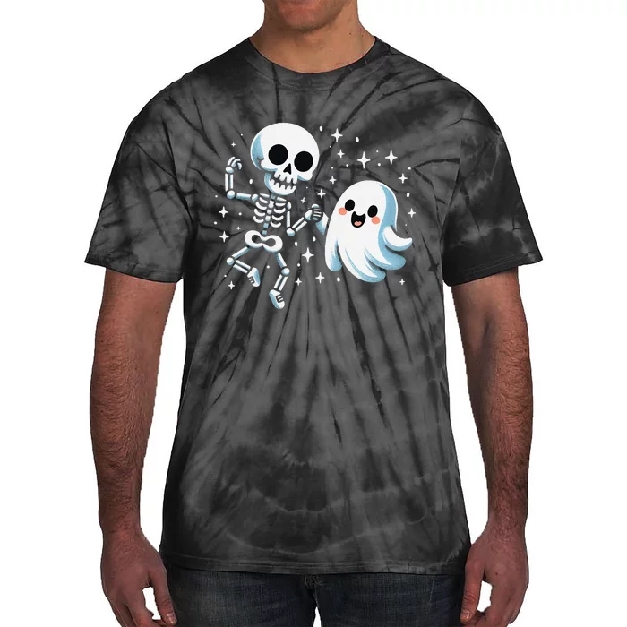 Cute Ghost Dancing With Skeleton Funny Halloween Tie-Dye T-Shirt