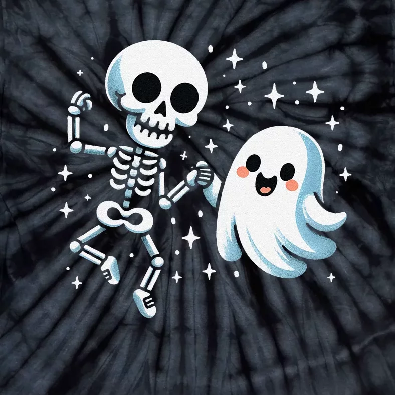 Cute Ghost Dancing With Skeleton Funny Halloween Tie-Dye T-Shirt