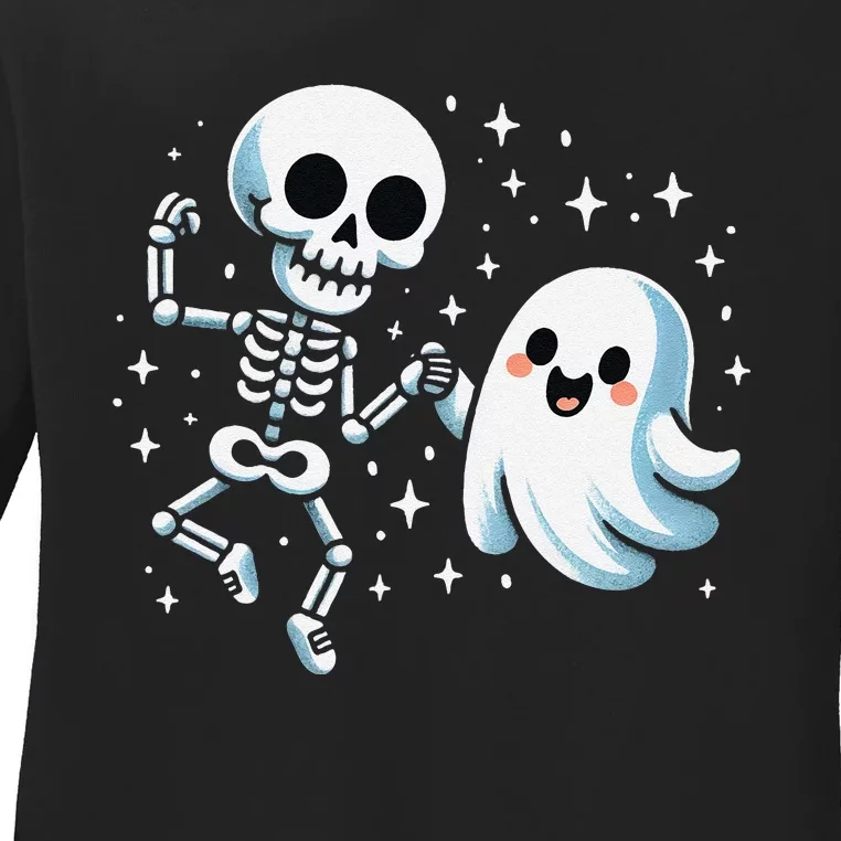 Cute Ghost Dancing With Skeleton Funny Halloween Ladies Long Sleeve Shirt