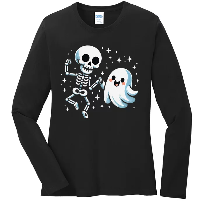 Cute Ghost Dancing With Skeleton Funny Halloween Ladies Long Sleeve Shirt