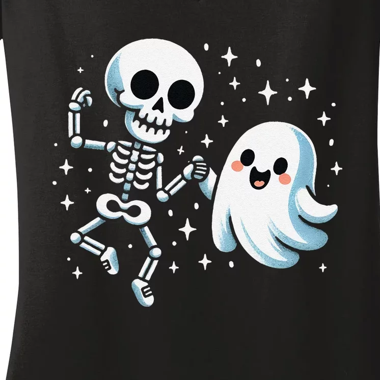 Cute Ghost Dancing With Skeleton Funny Halloween Women's V-Neck T-Shirt