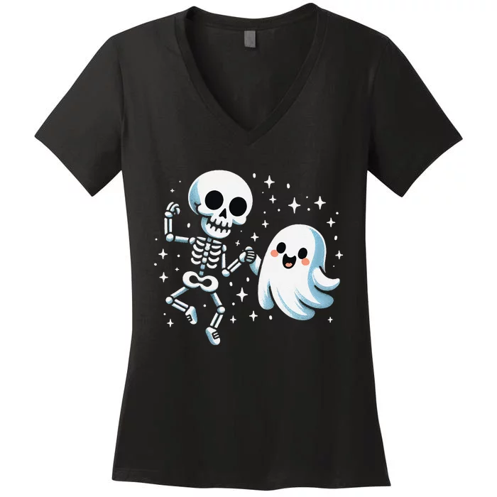 Cute Ghost Dancing With Skeleton Funny Halloween Women's V-Neck T-Shirt