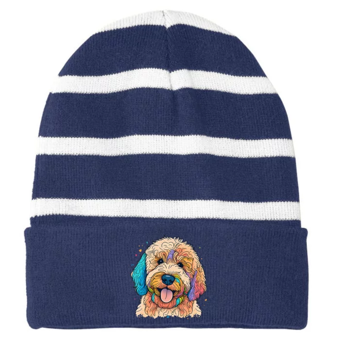 Cute Goldendoodle Dog On Golden Doodle Lover Striped Beanie with Solid Band