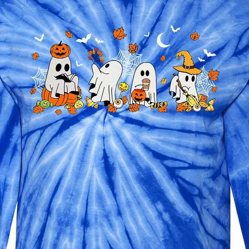 Cute Ghost Drinking Coffee Halloween Fall Ghost Book Reading Tie-Dye Long Sleeve Shirt