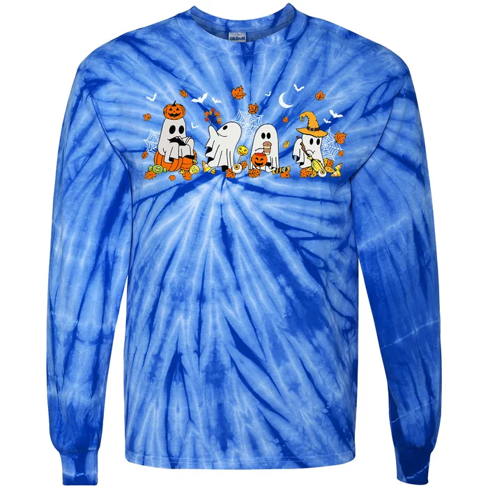 Cute Ghost Drinking Coffee Halloween Fall Ghost Book Reading Tie-Dye Long Sleeve Shirt