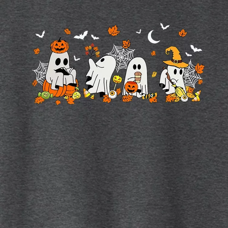 Cute Ghost Drinking Coffee Halloween Fall Ghost Book Reading Women's Crop Top Tee