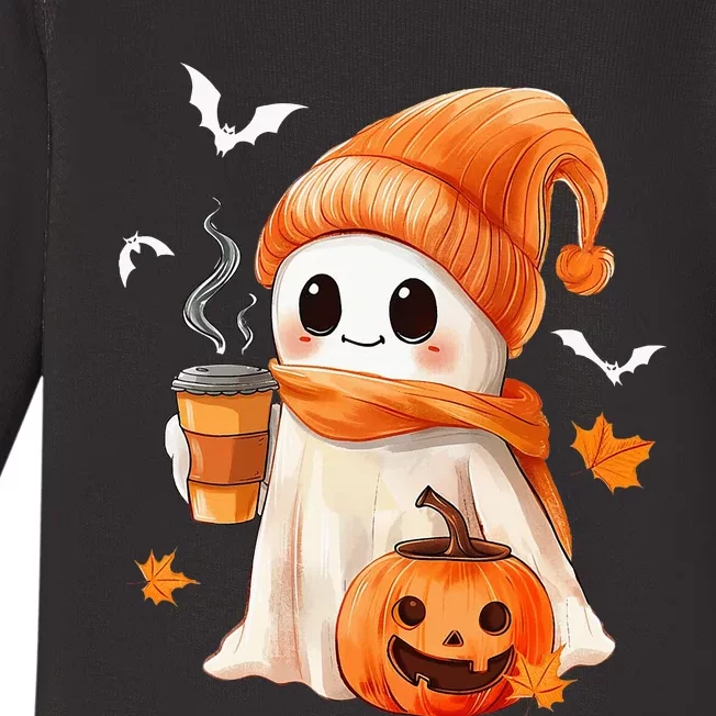 Cute Ghost Drinking Coffee Halloween Ghost Ice Coffee Baby Long Sleeve Bodysuit