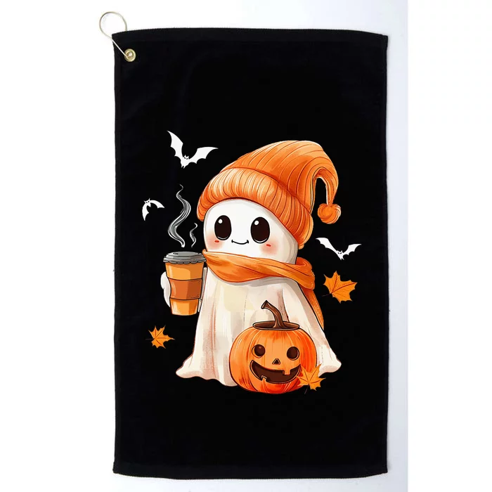 Cute Ghost Drinking Coffee Halloween Ghost Ice Coffee Platinum Collection Golf Towel