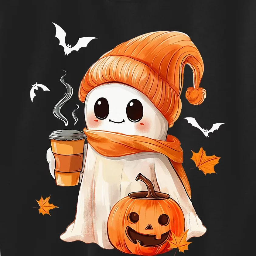 Cute Ghost Drinking Coffee Halloween Ghost Ice Coffee Kids Sweatshirt