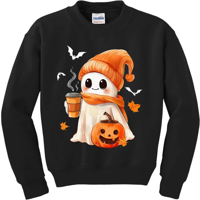 Cute Ghost Drinking Coffee Halloween Ghost Ice Coffee Kids Sweatshirt