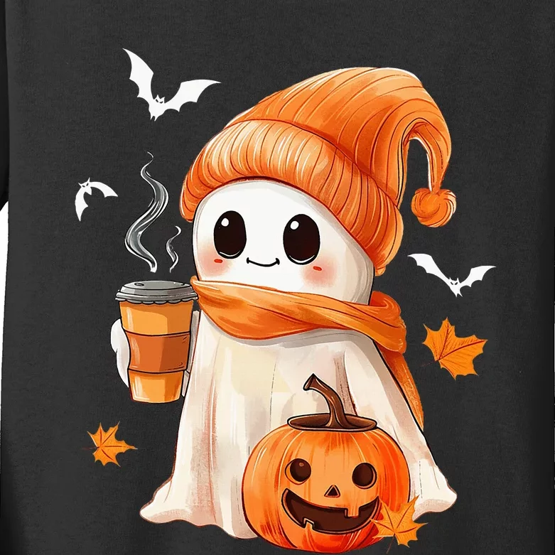 Cute Ghost Drinking Coffee Halloween Ghost Ice Coffee Kids Long Sleeve Shirt