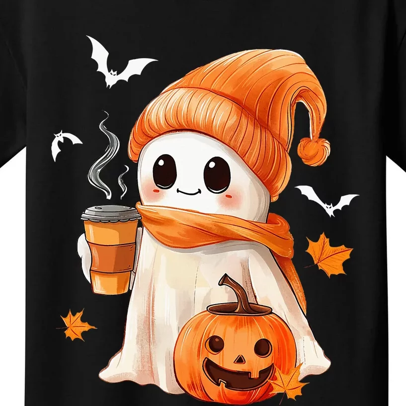 Cute Ghost Drinking Coffee Halloween Ghost Ice Coffee Kids T-Shirt